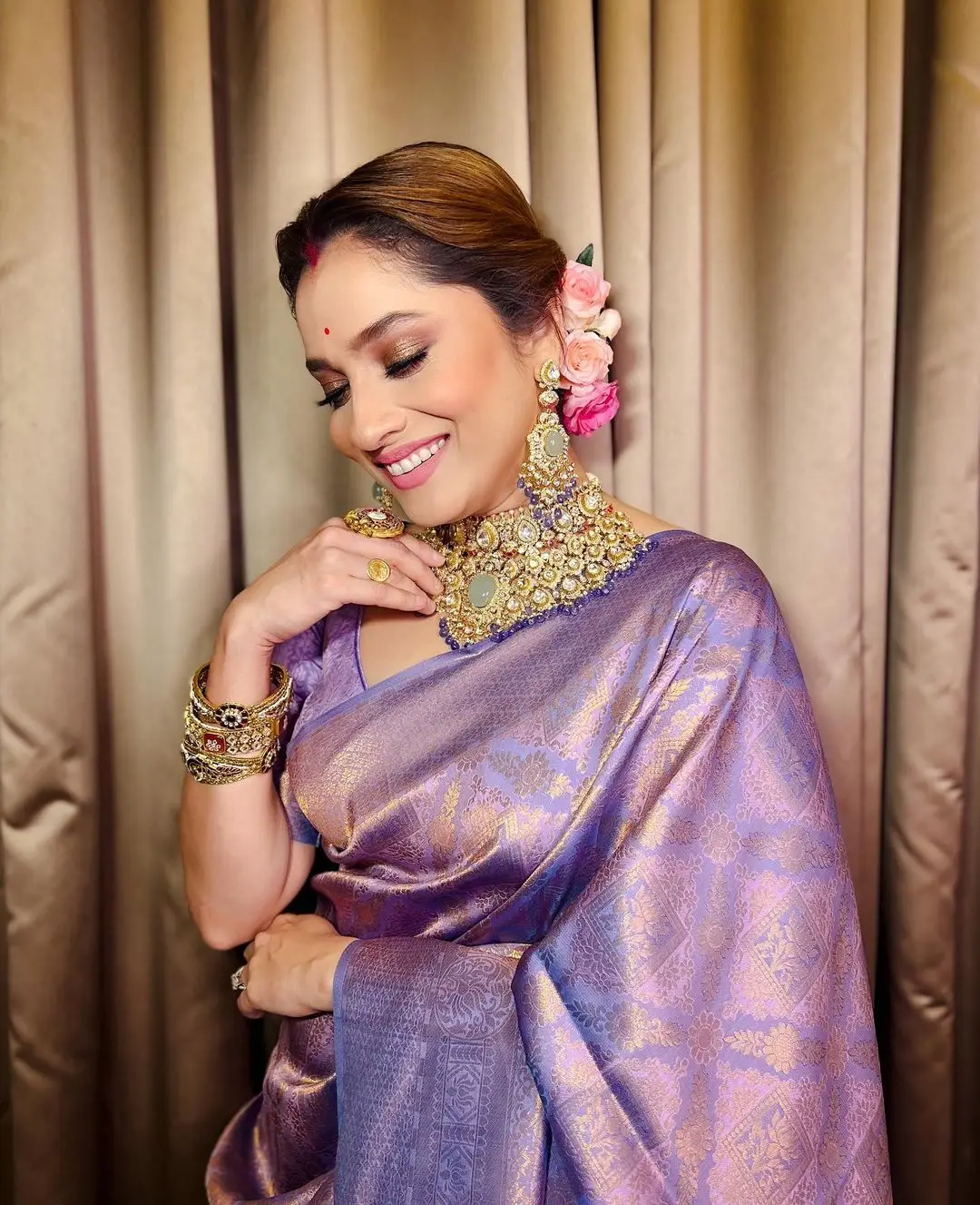 Ankita Lokhande in South Indian Traditional Violet Saree Blouse